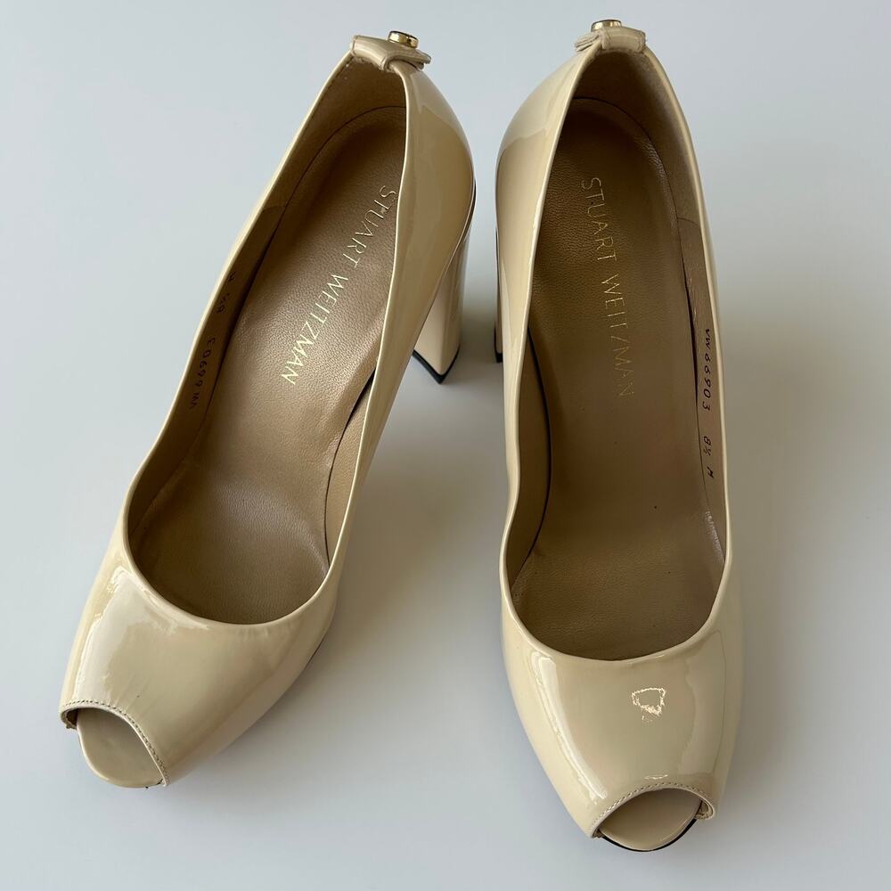 Stuart Weitzman Nude Patent Peep Toe Block Heel Pumps Spritely Size 8.5 M Spain - Picture 3 of 15